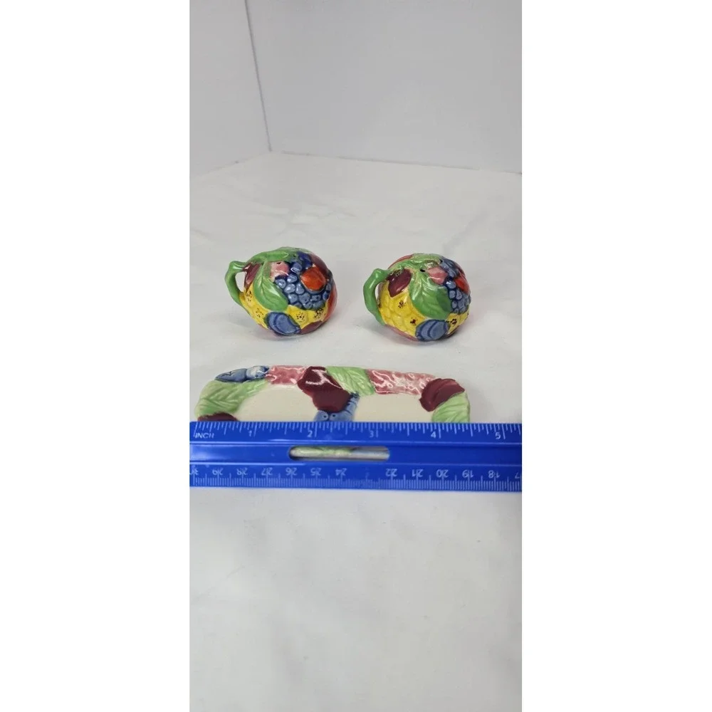 Vintage Japan Fruit‎ Salt Pepper Shakers w Tray Ceramic Set Hand Painted